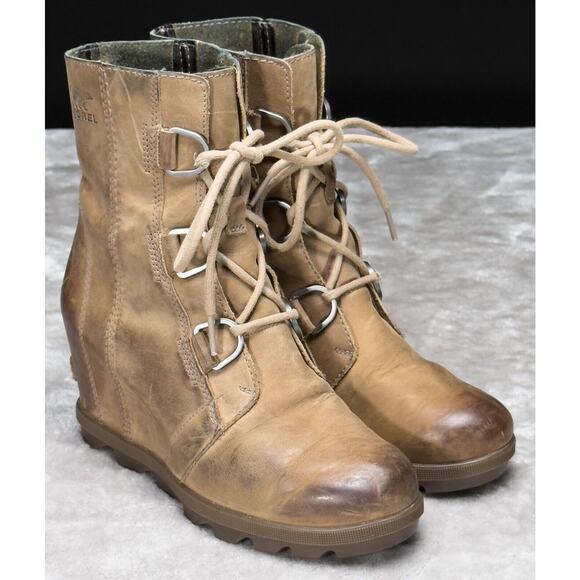 Sorel Joan of Arctic Wedge II Lexie Tan Leather Waterproof Boots Womens Size 7 - Picture 1 of 16